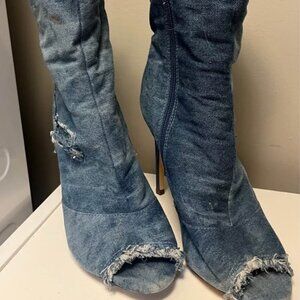 Denim peep toe ankle boots